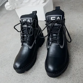 

GPOKHDS 2020 women ankle boots soft cow leather letters winter short plush round toe high heels female riding boots party dress