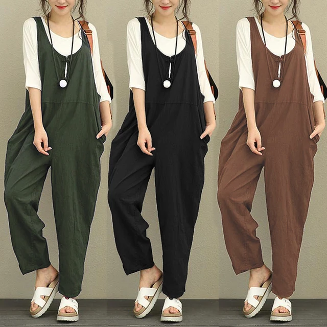 2018 Celmia Women Jumpsuit Plus Size Overalls Casual Sleeveless Vintage Cotton Linen Playsuits Long Trouser Dungarees Rompers 1