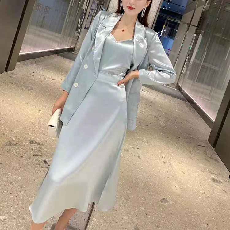 

2019 fall women blazer skirt tank 3 pieces set OL elegant solid double breasted blazers a-line skirt clothing set jc3282