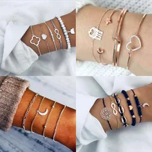 Винтажная Горячая Пляжная луна сердце ручная повязка с подвеской наборы для ухода за кожей Voor Vrouwen Черная веревка цепь Armbanden Kralen Sieraden Geschenken