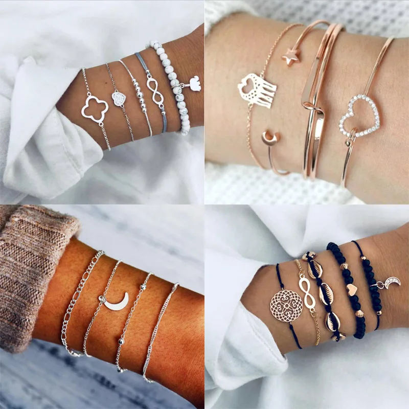 

Vintage Hot beach Moon Heart Charm Armband Sets Voor Vrouwen Black Rope Chain Armbanden Kralen Sieraden Geschenken