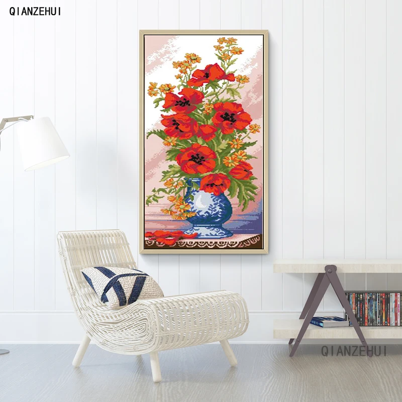 

QIANZEHUI,Needlework,DIY Poppy celadon vase Cross stitch,Sets For Embroidery kits Cross-Stitching,Wall Home Decro