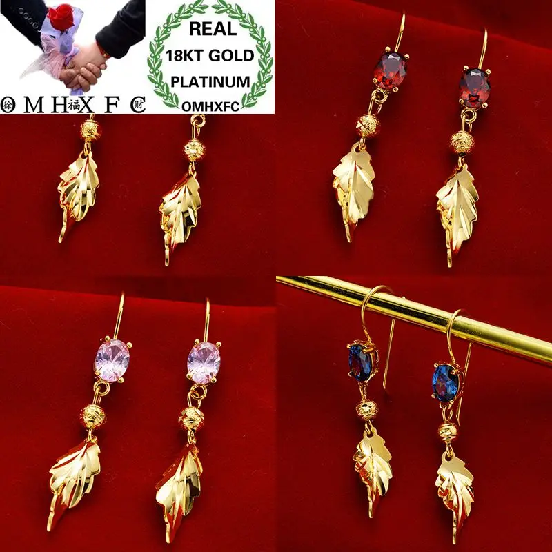 

OMHXFC Wholesale European Fashion Woman Girl Party Wedding Gift 4 Colors Leaves AAA Zircon 18KT Gold Drop Earrings ER39