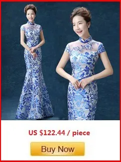 chinese style Blue and white satin fishtail lace backless cheongsam qipao dresses
