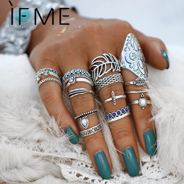 IF ME Vintage Bohemian Ring Set Punk Antique Silver Color Leaf Armor Shield Geom IF ME Vintage Bohemian Ring Set Punk Antique Silver Color Leaf Armor Shield Geom