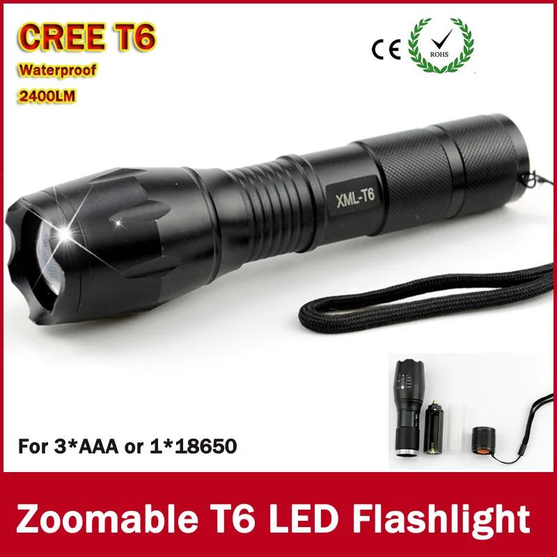 

100% Authentic linternas 2000 Lumens 5-Mode XM-L T6 LED Flashlight Zoomable Focus Torch by 1*18650 or 3*AAA Free shipping