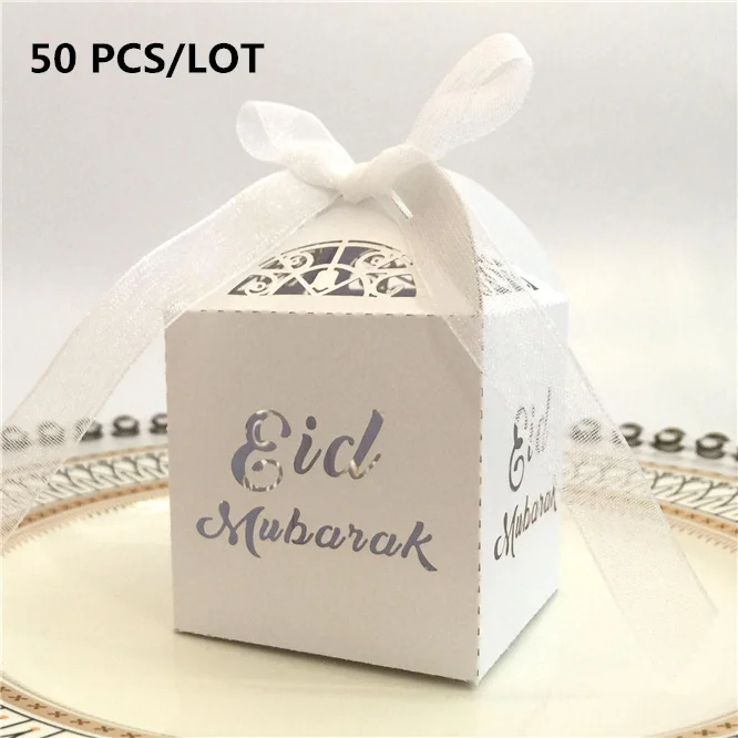 

50 PCS/LOT 5 Colors Happy Eid Mubarak Candy Box Ramadan Decorations Paper Gift Boxes Islamic Muslim al-Fitr Eid Party Supplies