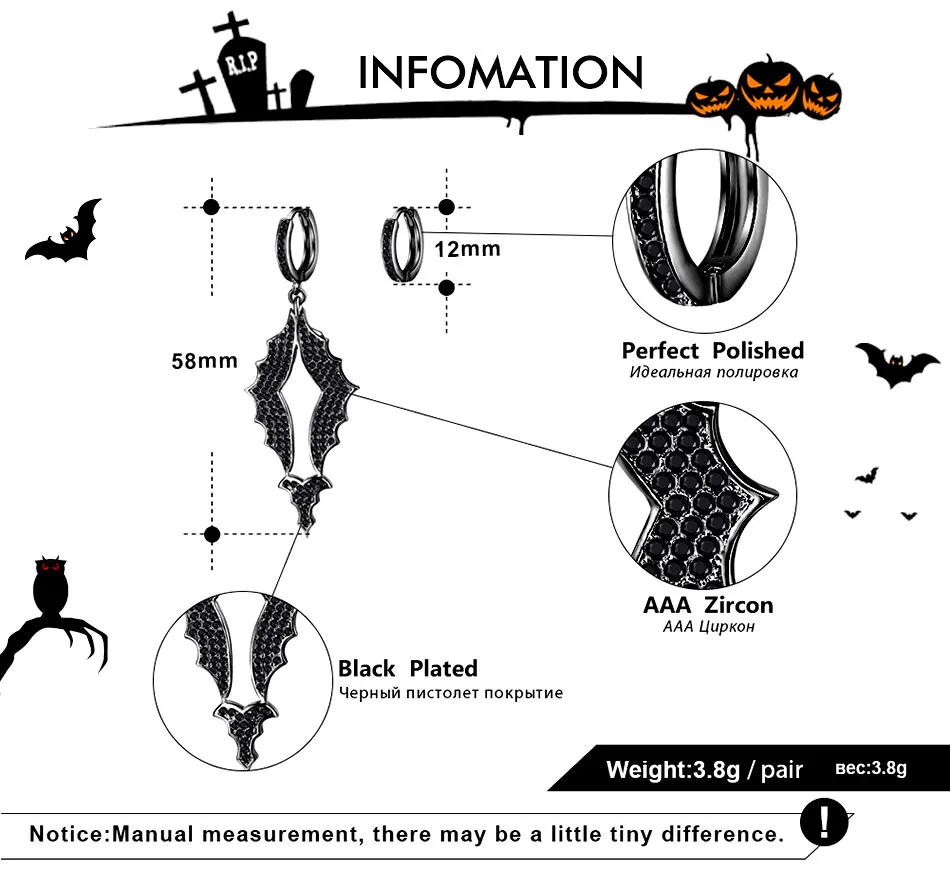 Effie queen уникальный дизайн Висячие серьги для женщин с кубическим цирконием класса ААА Черный Серебряный цвет Сережка в форме летучей мыши Хэллоуин ювелирные изделия вечерние подарок DE198