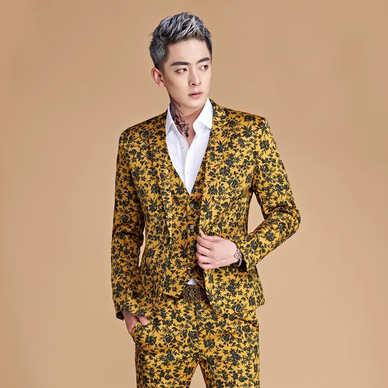 2019 new printing man suit yellow flowers suit MC clothing two