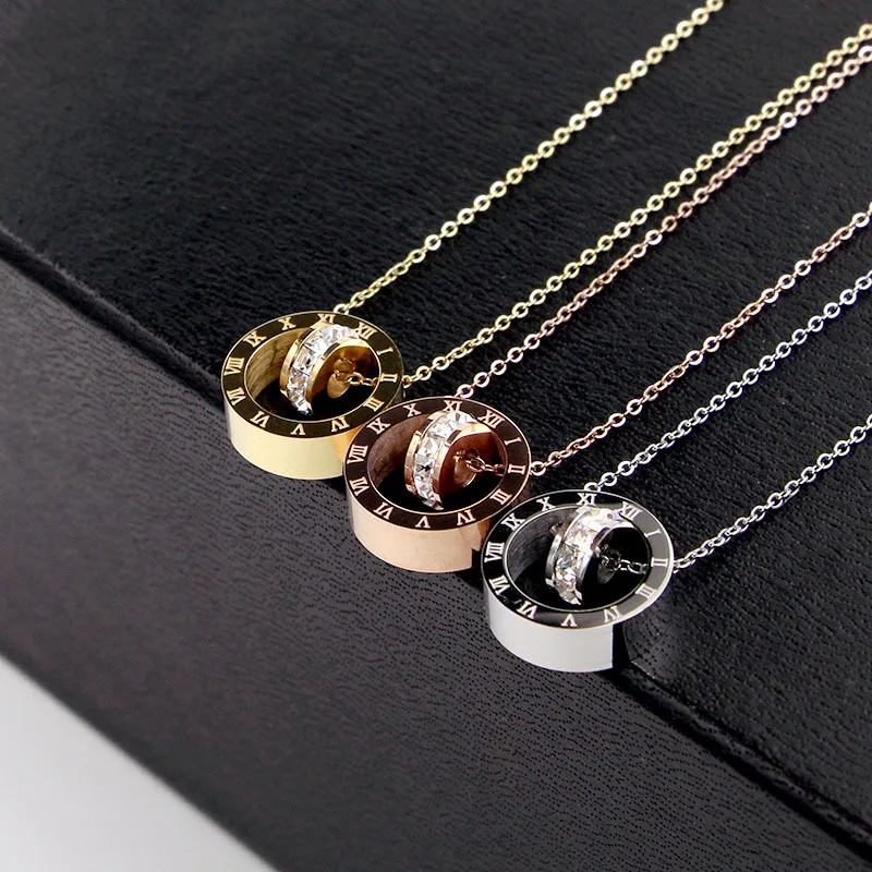 

Roman Numerals Double Circles With Rhinestone CZ Gold Color / Silver Color / Rose Gold Colour Stainless Steel Necklace