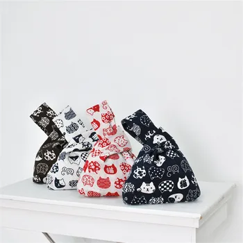 

Japanese Style Kimono Yukata Handbag Wrist Bag Coin Purse Mobile Phone Key Small Bag Grid Cat Printed Handmade Square Bag BB392