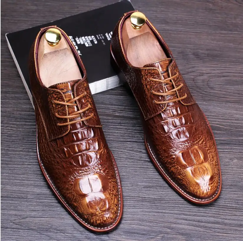 

New Fashion Casual Mens Dress Shoes Genuine Leather Crocodile Lace-up Italian Stylist Flat Formal Oxfords Wedding shoe 37~44