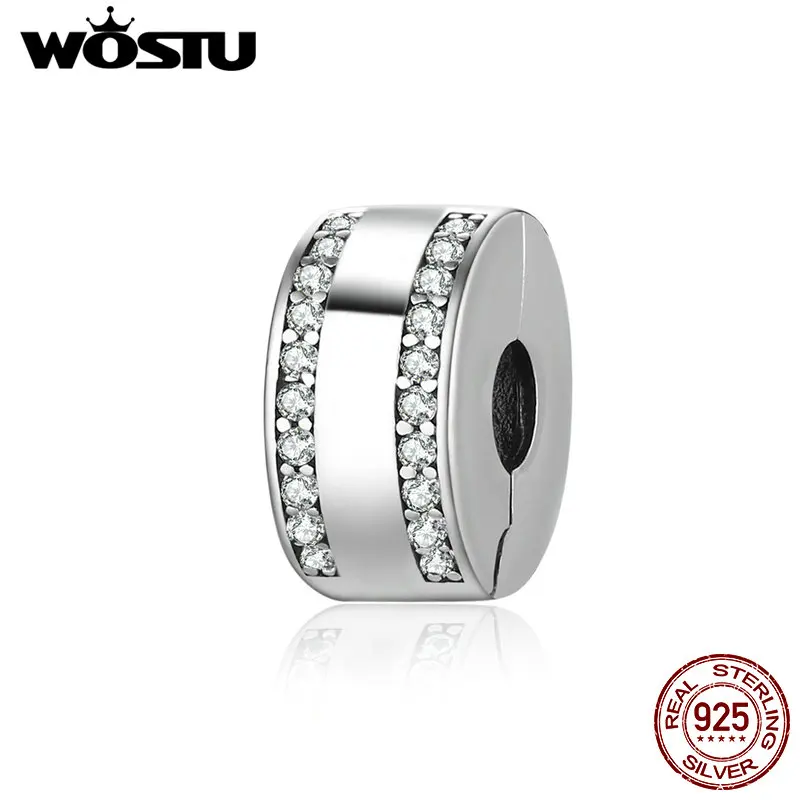 

WOSTU 100% 925 Sterling Silver Classic Clip With Clear CZ Beads Fit Original WOST Charm Bracelet Fashion DIY Jewelry BLC105
