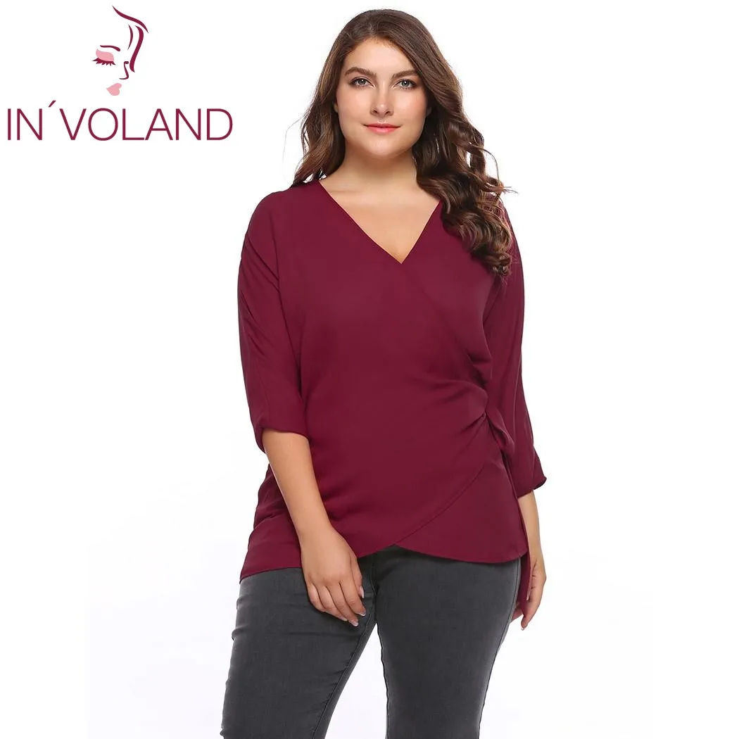 

IN'VOLAND Plus Size Women Blouse Blusas Tops XL-5XL Casual Long Sleeve Large Solid Wrap Tie Chiffon Pullovers Shirt Big Size