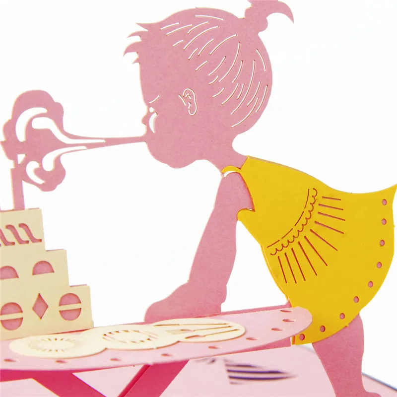 Happy Birthday Postcard Greeting Gift Cards 3d Handmade Pop Up Laser Cut Girl Blowing Candles Card  - 32956873639