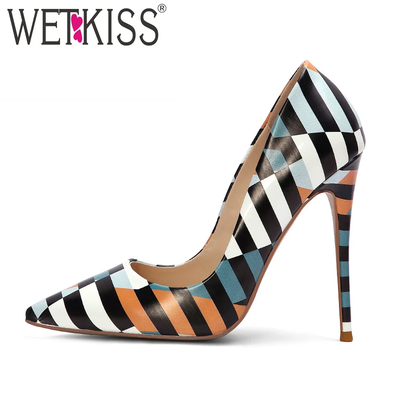 

WETKISS Print Pu Pumps Women Pointed Toe Footwear Party Stripe Shallow Shoes Female Stiletto High Heels Shoes Woman 2019 Spring