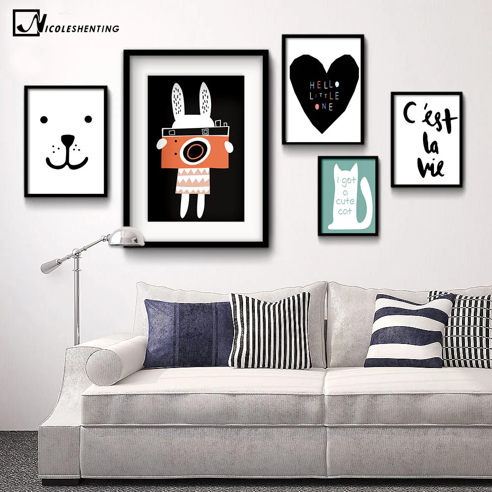 

NICOLESHENTING Dog Cat Cartoon Animal Smile Face Art Canvas Poster Minimalist Print Motivational Picture Kids Room Decoration