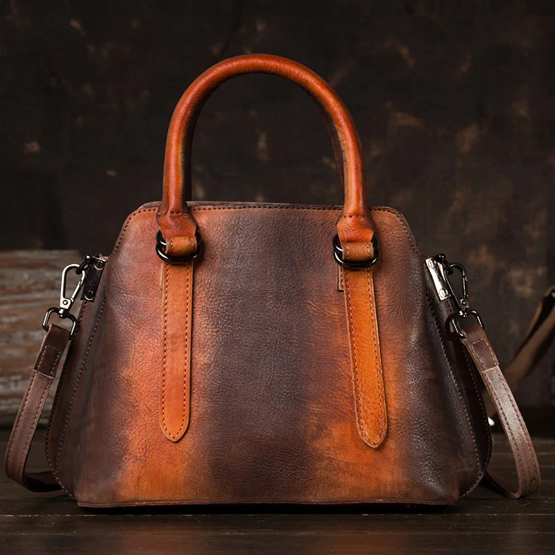 

Natural Skin Top Handle Bags Cross Body Tote Female Vintage Handbag Brush Color Genuine Leather Women Messenger Shoulder Bag