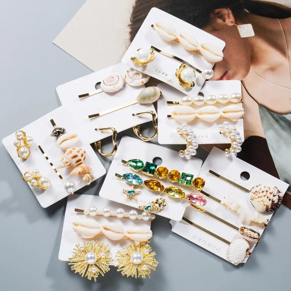 

HZ 2019 New Metal Rhinestone Pearl Earrings Natural Conch Pearl Combination Packages Stud Earring Hair Accessories for Women