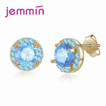 

New Blue Sky Color Stud Earrings For Women 925 Sterling Silver Clear CZ Paved Wedding Anniversary Party Jewelry