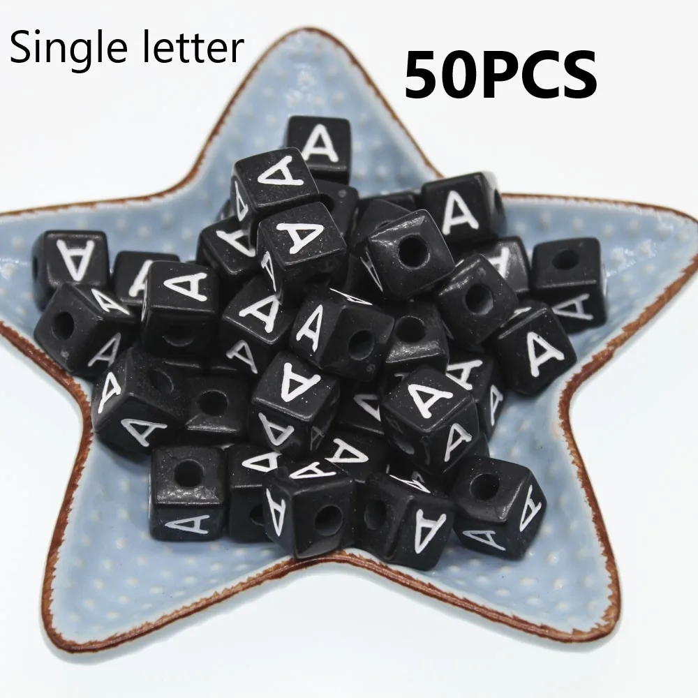 

CHONGAI 50Pcs Cube Acrylic Letter Beads Single Alphabet A-Z Black Square Bracelet Jewelry Making Beads 10*10mm