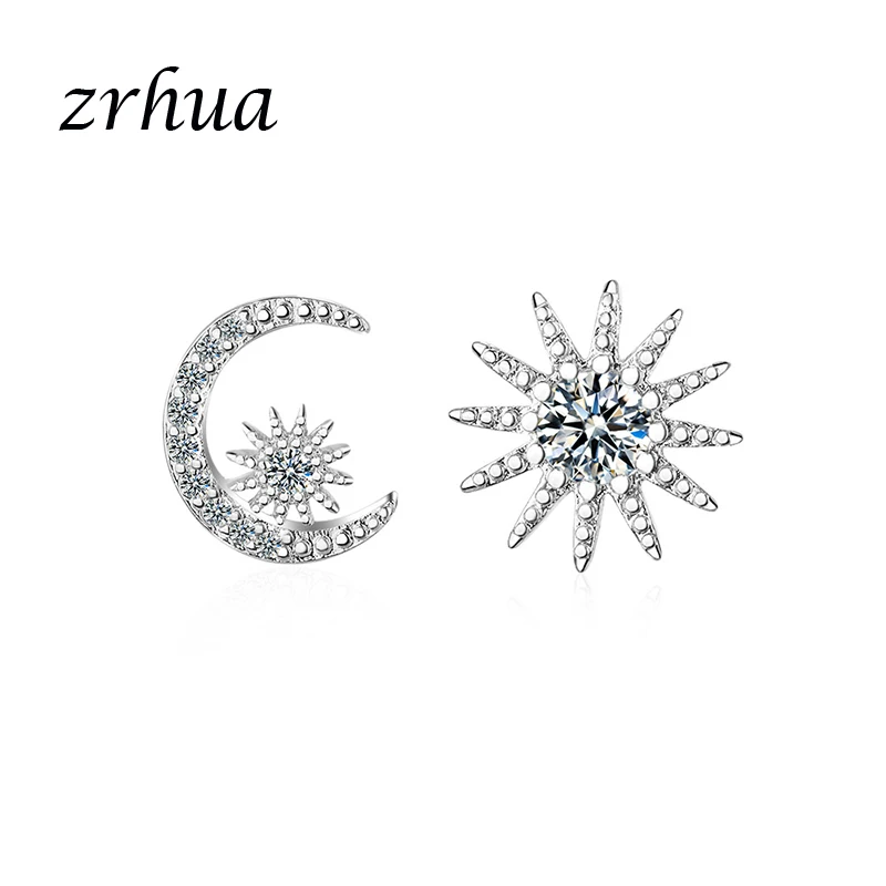 

ZRHUA 2018 Trendy Korean Moon Star Silver 925 Stud Earrings Inset Full Cubic Zircon Shiny Crystal Jewelry for Women Party Gifts