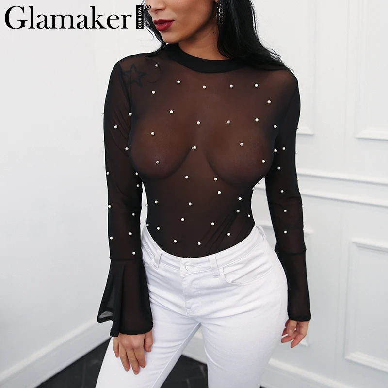 Glamaker Pearl mesh transparent sexy bodysuit Women flare sleeve autumn jumpsuit romper Female streetwear black elegant bodysuit Glamaker Pearl mesh transparent sexy bodysuit Women flare sleeve autumn jumpsuit romper Female streetwear black elegant bodysuit