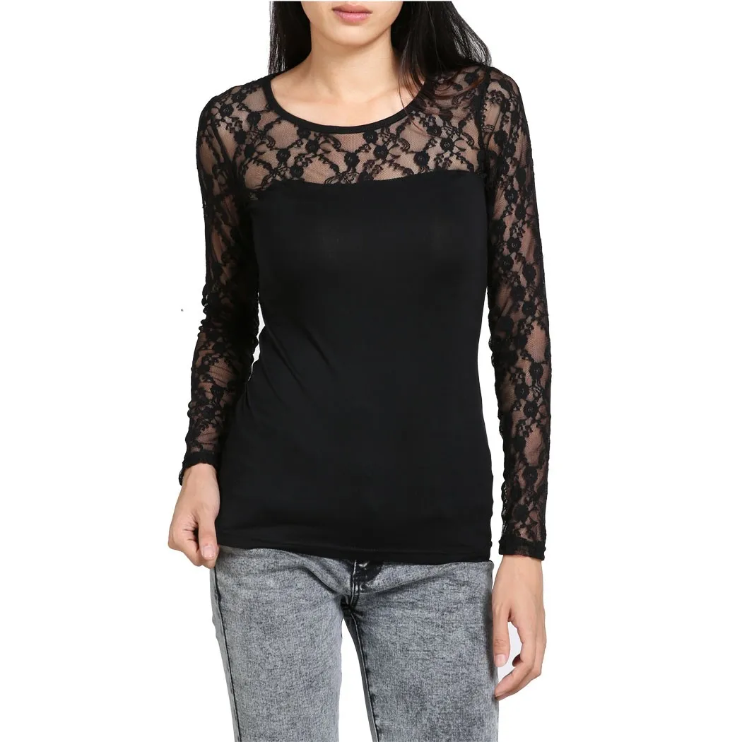 2017 New Women Long Sleeve Sheer Lace Trim Sexy Slim Casual Bottoming