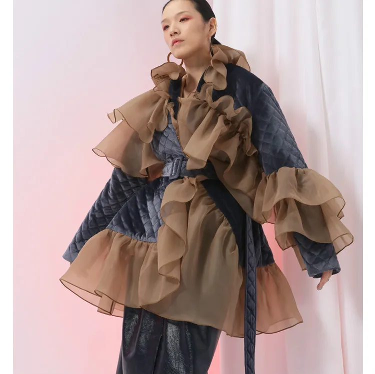 

Korean 2019 Winter Cotton Casual Jackets Long Solid Belt Bat Sleeved Asymmetry Jacket Women Loose Parkas