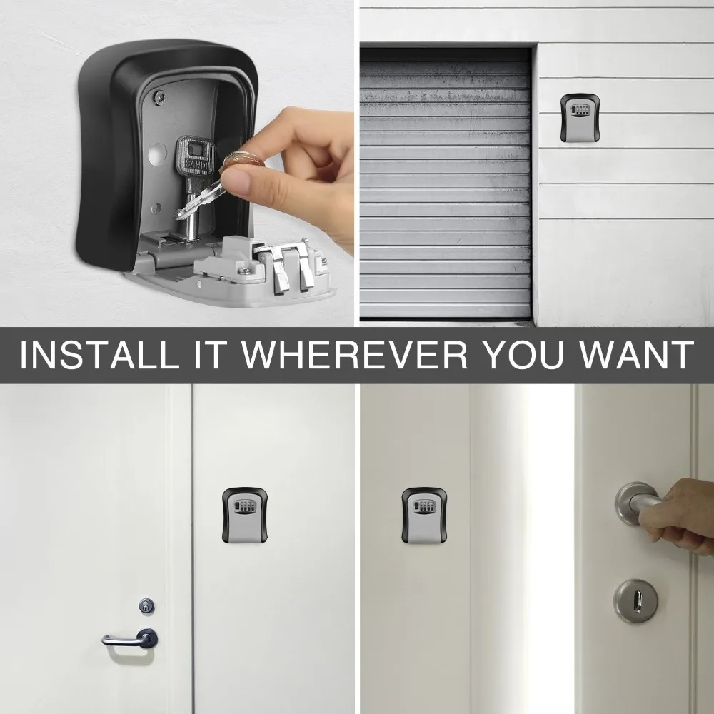 4 Digit Lock Secure Key Combination Safe Outdoor Heavy Duty Wall Mounted Security Lock Box Large Internal Storage for House
