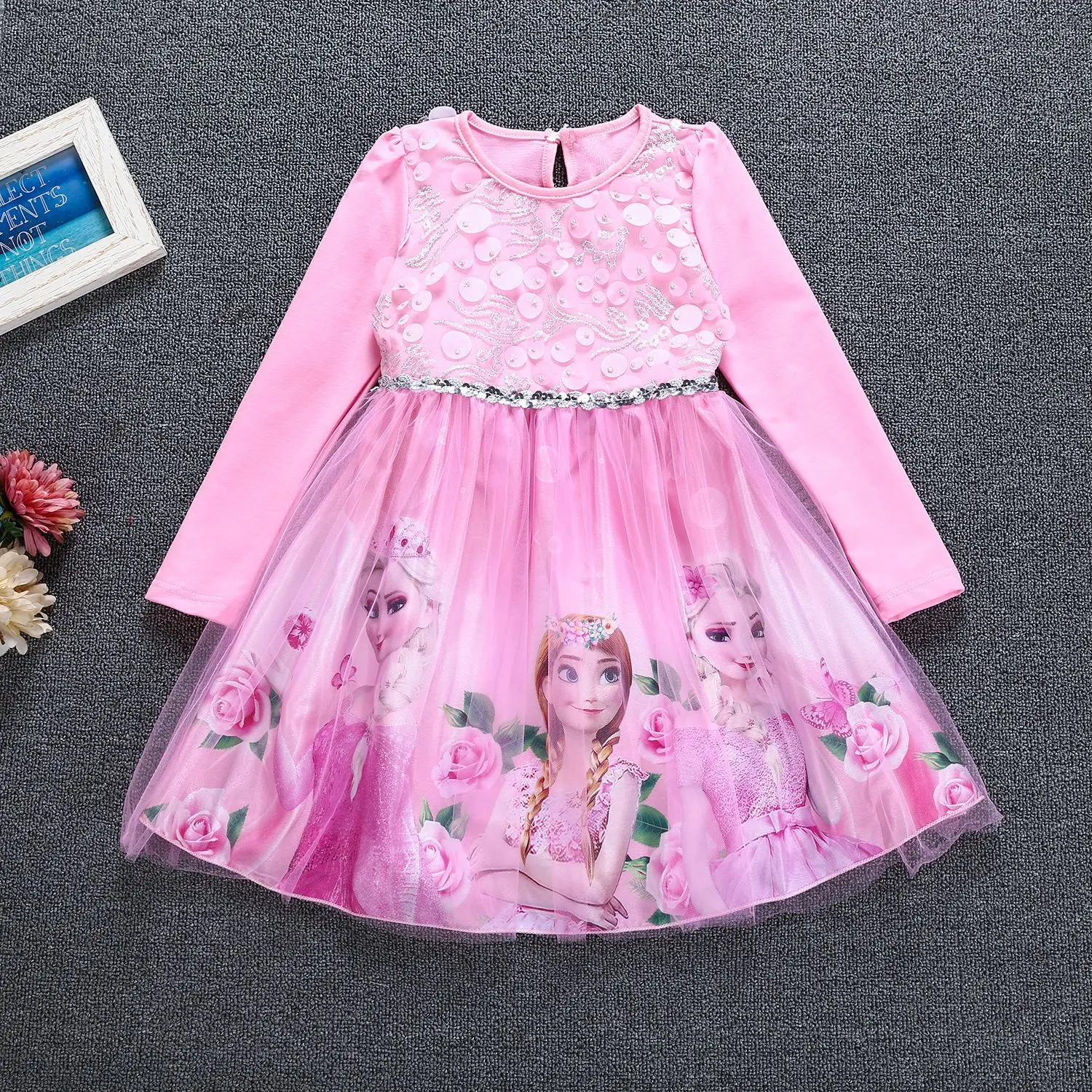Платья для маленьких девочек с рисунком Лизы и Анны; весеннее Сетчатое платье с длинными рукавами и объемной цветочной вышивкой; праздничная одежда для девочек - Цвет: Q30023-2