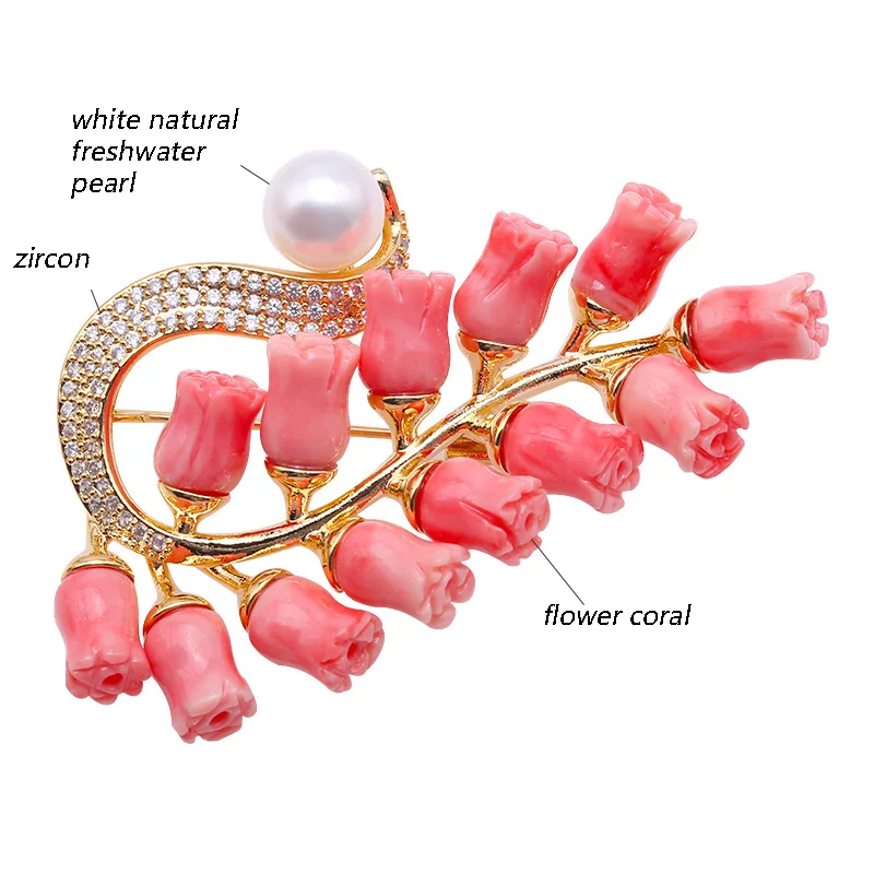 JYX Цветущая Брошь для женщин Коралловая булавка 8,5 мм натуральный белый пресноводный жемчуг броши в форме коралла элегантные рождественские ювелирные изделия для женщин