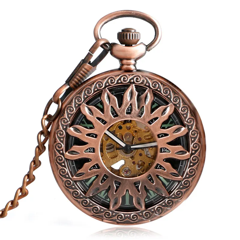Elegant Self Winding Pocket Watch Red Copper Necklace Stylish Trendy