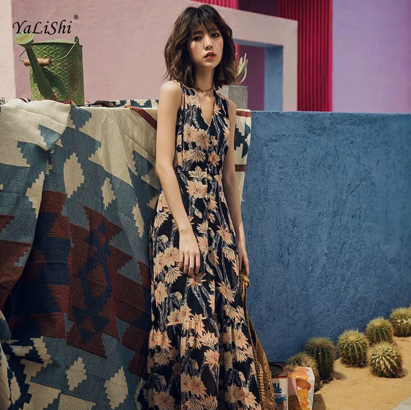 

Women New Summer A-line Dress Black Sleeveless Tank Floor-length Indie Folk Print Loose Flower Dress Beach Vintage Elegant Dress