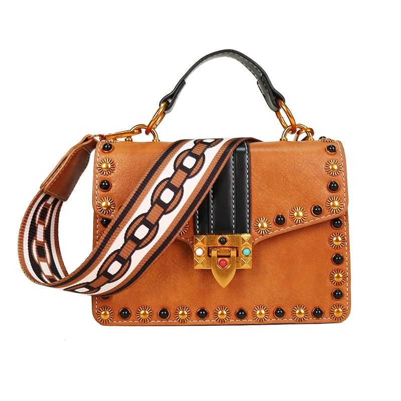 Women Handbags Fashion Retro Wide Colorful Strap Rivet Shoulder Bags PU