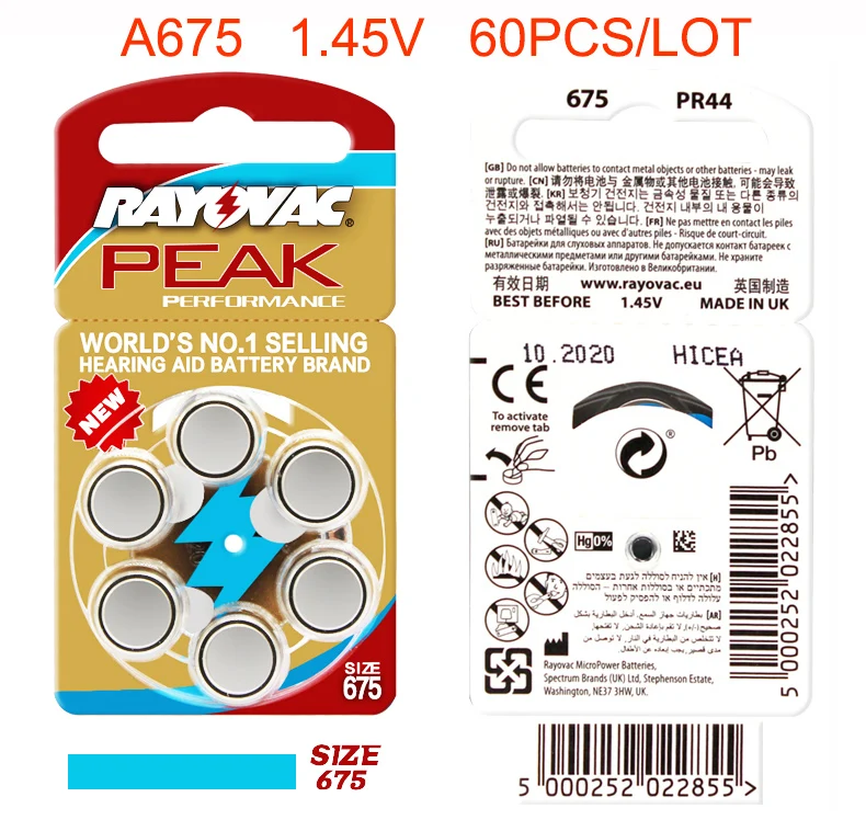 

60 x RAYOVAC PEAK Hearing Aid Batteries 675A, Zinc Air 675/A675/PR44 Hearing Aid Battery,Free Shipping!
