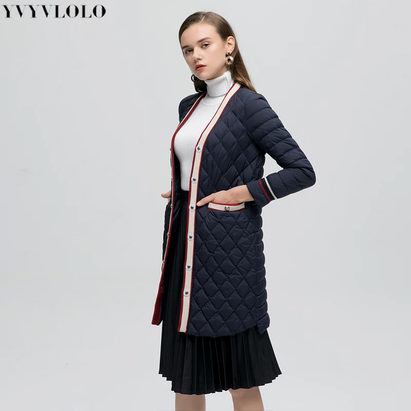 

YVYVLOLO Women's V-neck Stitching Long Autumn Winter Jacket 2019 Stripe Thin Cotton Parka Coat Warm Jacket Plus Size Overcoat