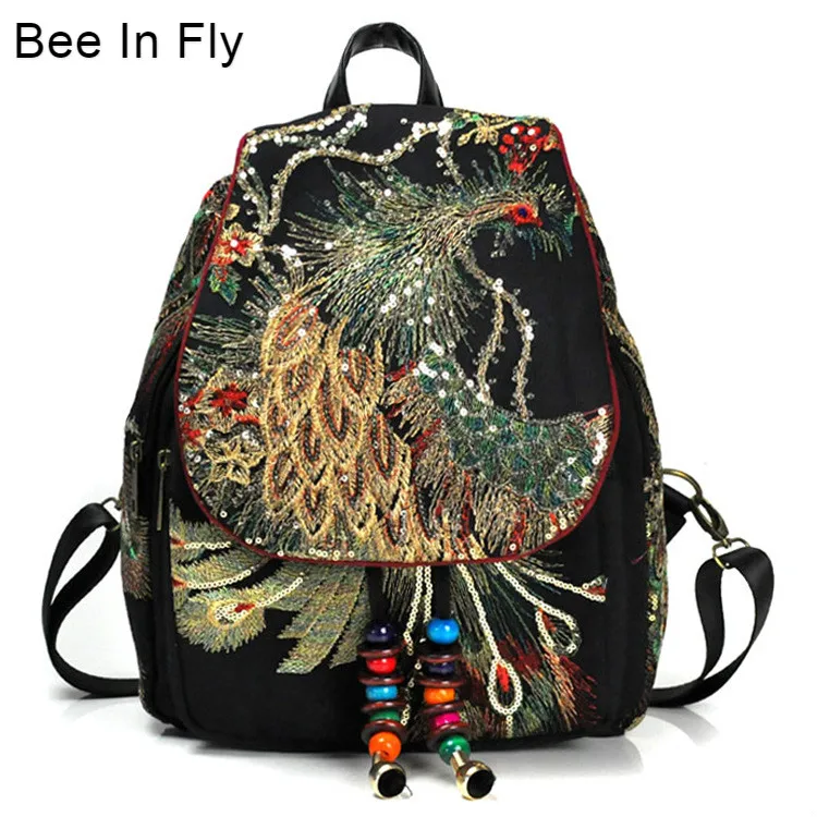 

Bee In Fly Ethnic Style Embroidery New Women'S Bag Peacock Embroidery BAG Canvas Women'S Shoulder Backpack