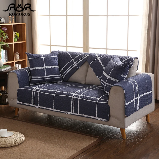 Us 10 58 30 Off Navy Blue Plaid Sofa Cover Cotton Modern Slipcovers Anti Slip L Shape Sectional Couch Covers Single Chair Loveseat Covering In