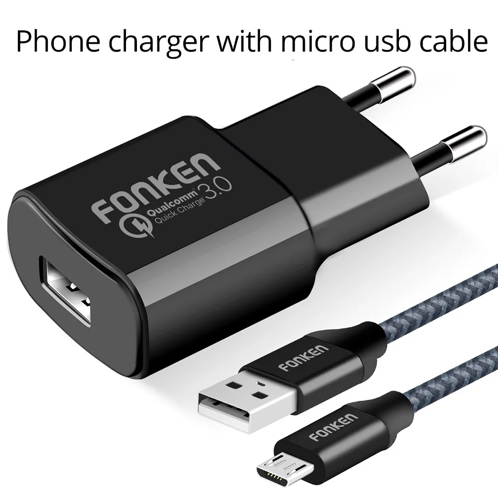 FONKEN Quick Charge 3,0 USB зарядное устройство Быстрая зарядка QC 3,0 2,0 18 Вт с быстрым зарядным кабелем настенный адаптер для мобильного телефона зарядное устройство s - Тип штекера: black with micro usb