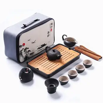 

Outdoor portable travel tea set black pottery Kung Fu teapot tea cups home whole of storage ceramic tea set Support LOGO custom