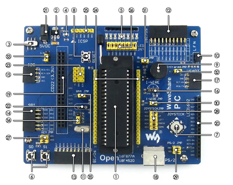 Waveshare Open18F4520 PIC макетная плата, разработанная для серии PIC18F, оснащена PIC18F4520 MCU периферийная Плата расширения