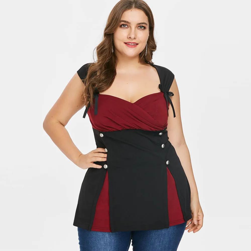 Kenancy Color Block Plus Size Bowknot Insert Tank Top Sexy V Neck ...