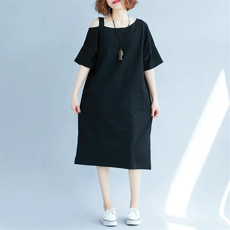 

Fashion Large Size Women's Clothes loose Strapless Short-sleeved Dress 2019 new Female Summer word collar Shirt Dress Black V517