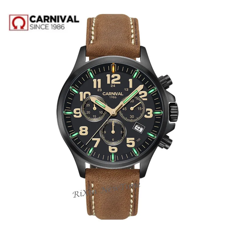 

Carnival Tritium Light men Watches Ronda Quartz Chronograph Tritium Luminous Waterproof Military sports stop Watch men saat hour