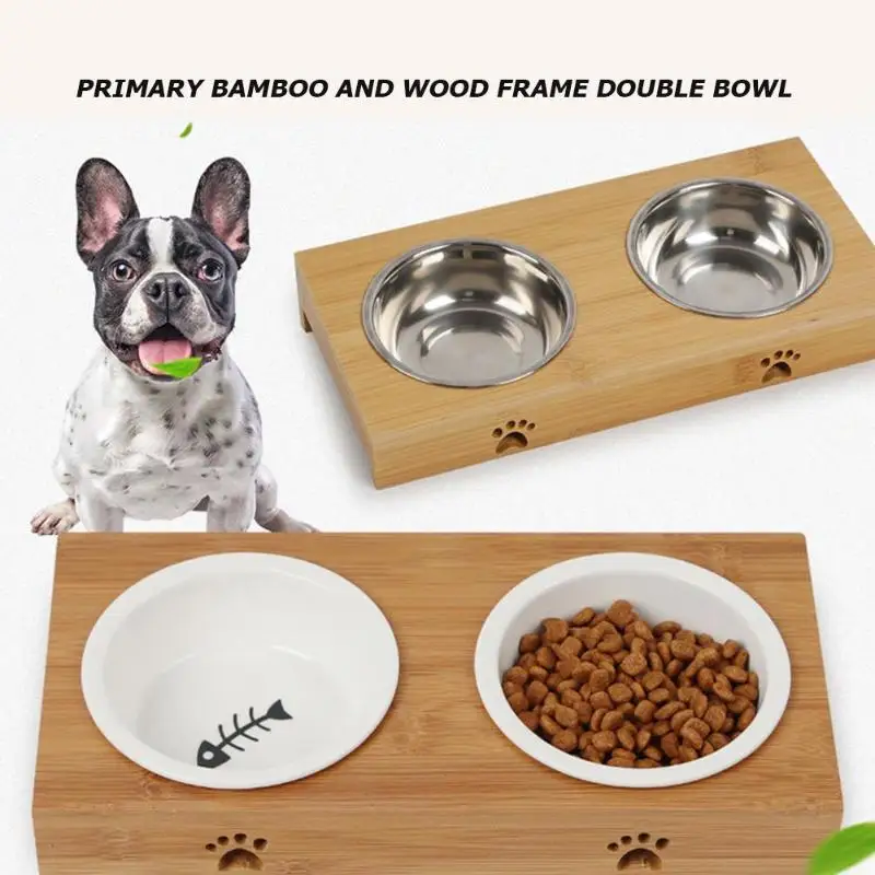 Для домашней собаки, двойные чаши бамбуковое дерево нержавеющая сталь керамический собачий корм кормушка для воды безопасность легко чистящие чаши для кошки собаки