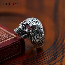 925 Anillos de Plata Para Los Hombres Anillo de Calavera Con Natural piedra Rojo Granate Vintage Punk Rock Gótica Bague Argent Moda 2016