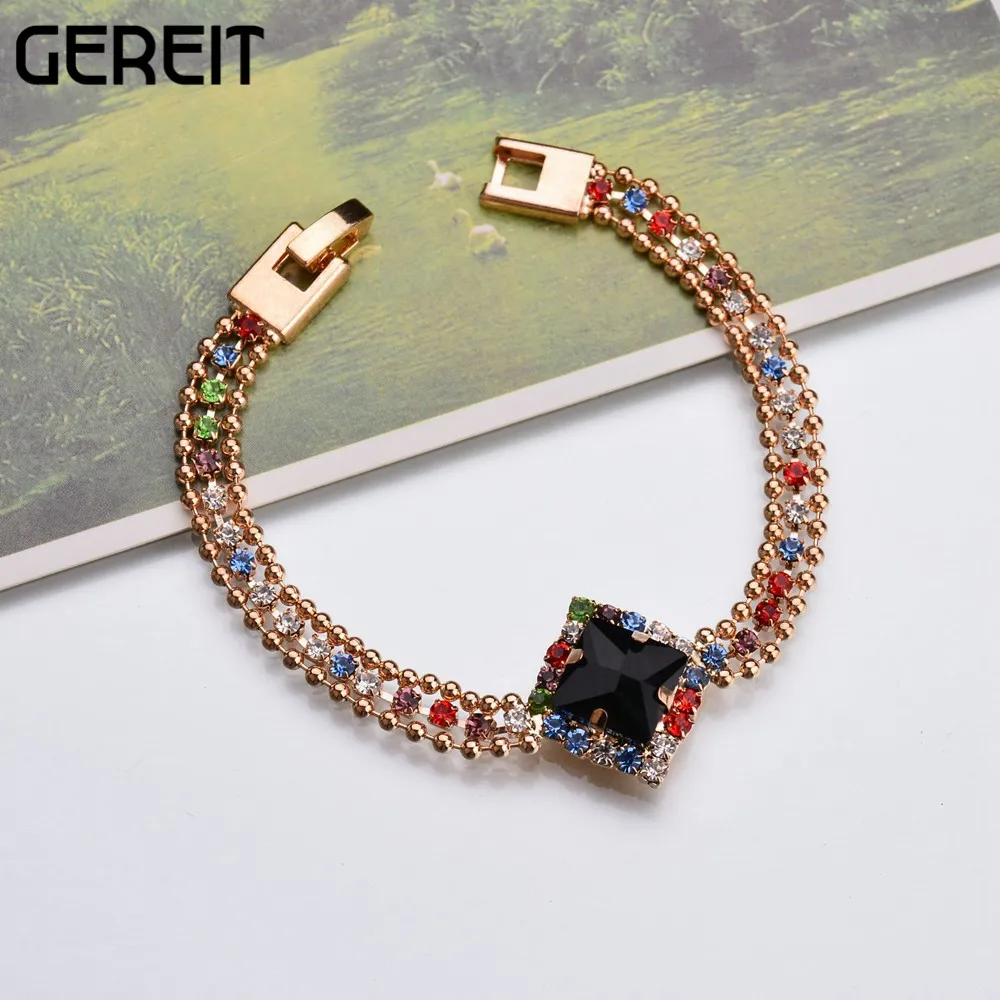 

2017 New Gold-color Colorful Crystal Chain & LInk Bracelets Luxury Party Wedding Bracelets For Elegant Women pulseira feminina