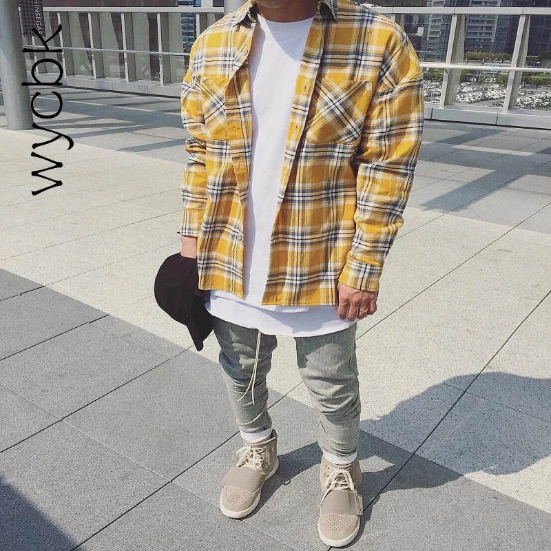 

wycbk 2017 Hip Hop Most popular justin bieber Men unisex flannel Long-sleeved plaid oversized dress shirt red yellow