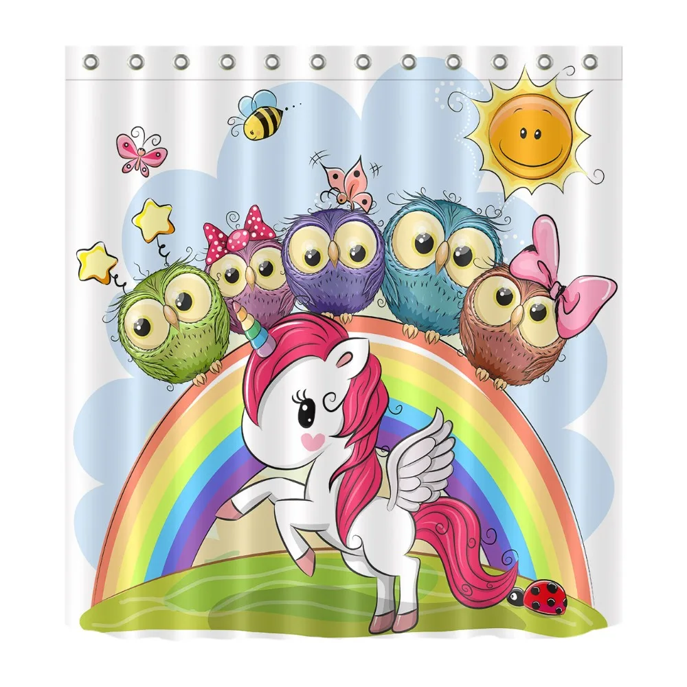 

72'' Bathroom Waterproof Fabric Shower Curtain 12 Hooks Anti-Mildew Bath Accessory Sets Cute Owls On Rainbow And Unicorn In Lawn